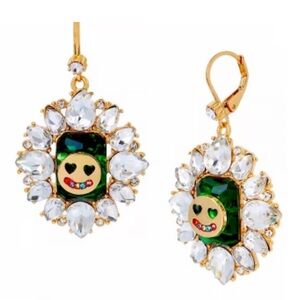 BETSEY JOHNSON Green Emerald L Daisy Smiley Rhinestone Statement Earrings Gold